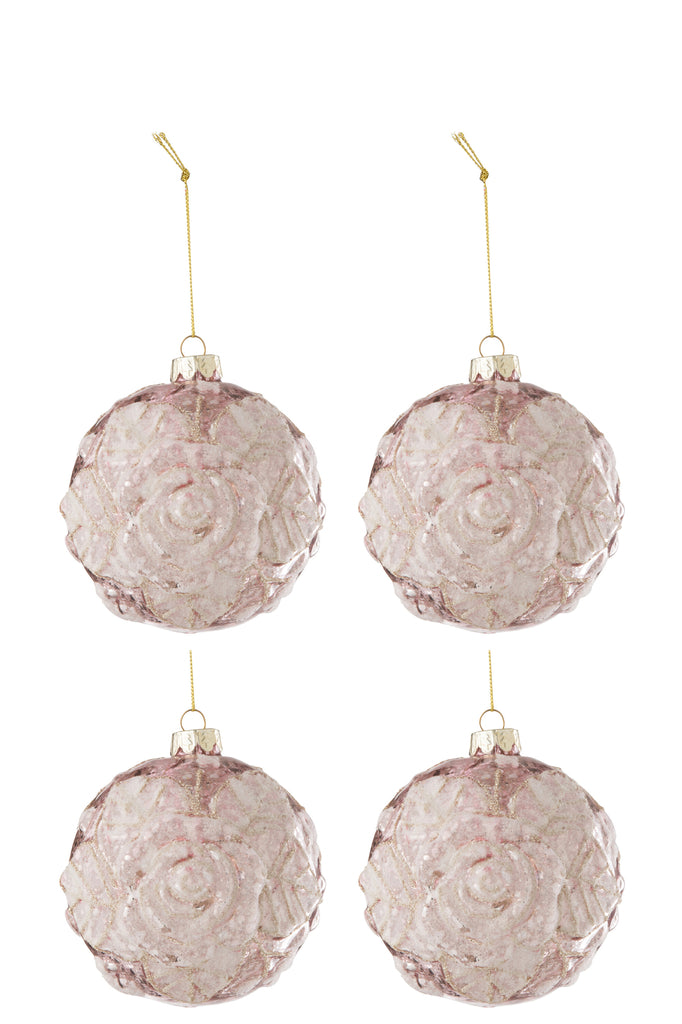 J-Line Doos met 4 kerstballen met motief, rozenpailletten, glas, lichtroze, groot