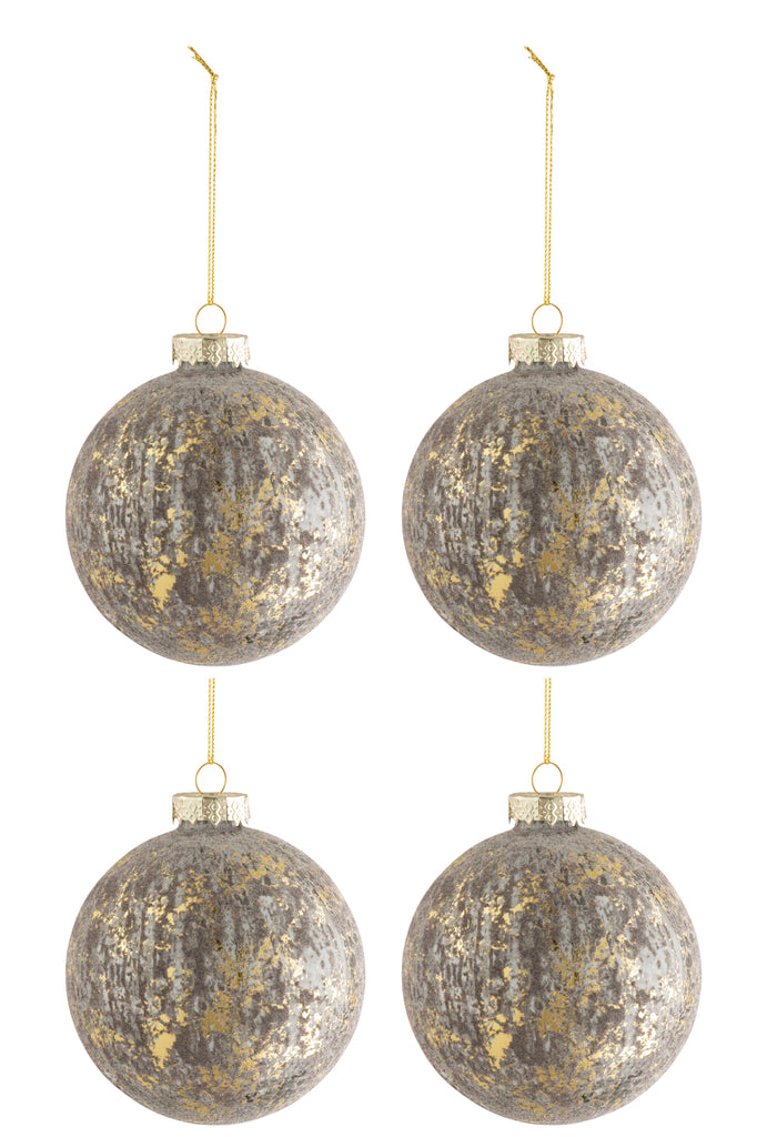 Doos met 4 kerstballen van fluweelglas antiek grijs/goud medium