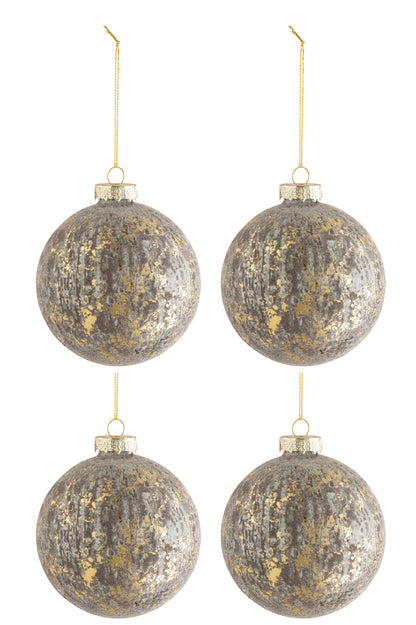 Doos met 4 kerstballen van fluweelglas antiek grijs/goud medium