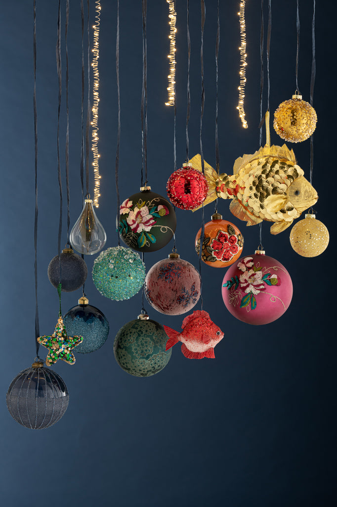 J-Line Doos met 4 kerstballen sneeuwvlok glas blauw/rood groot