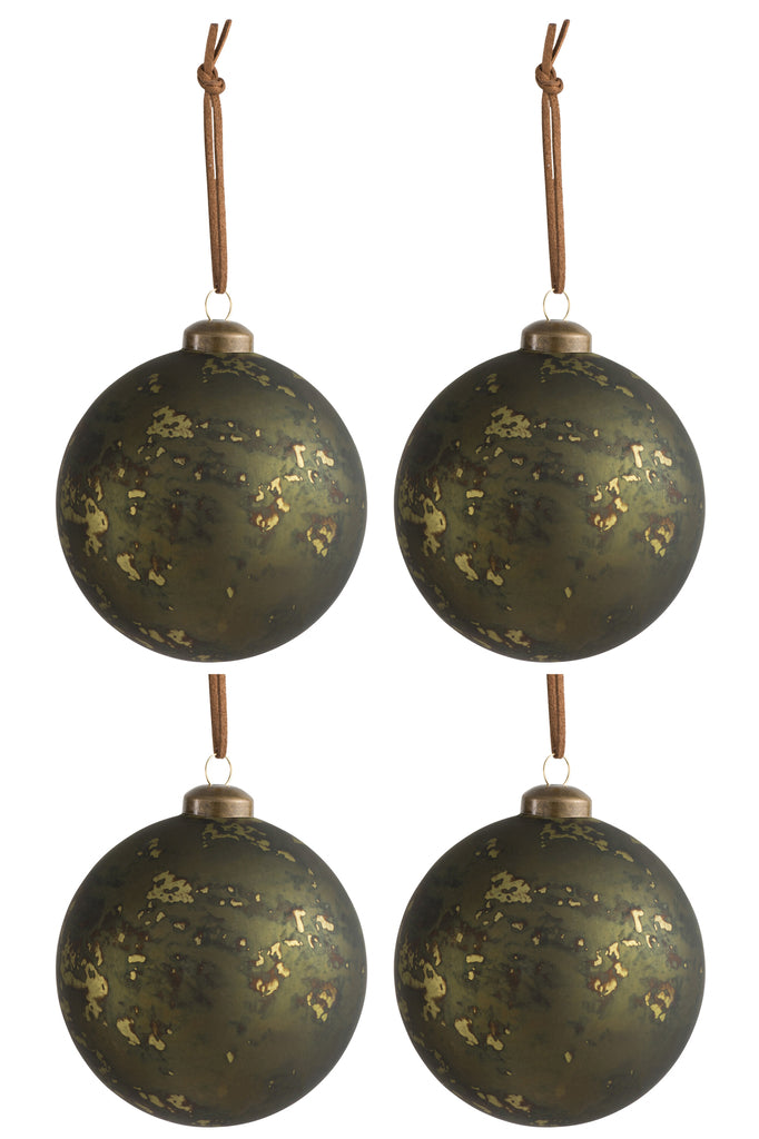 J-Line Doos met 4 kerstballen glas antiek kaki groen medium