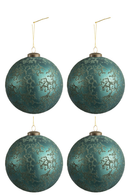 Doos met 4 kerstballen van glas, mat antiek azuurblauw, groot.