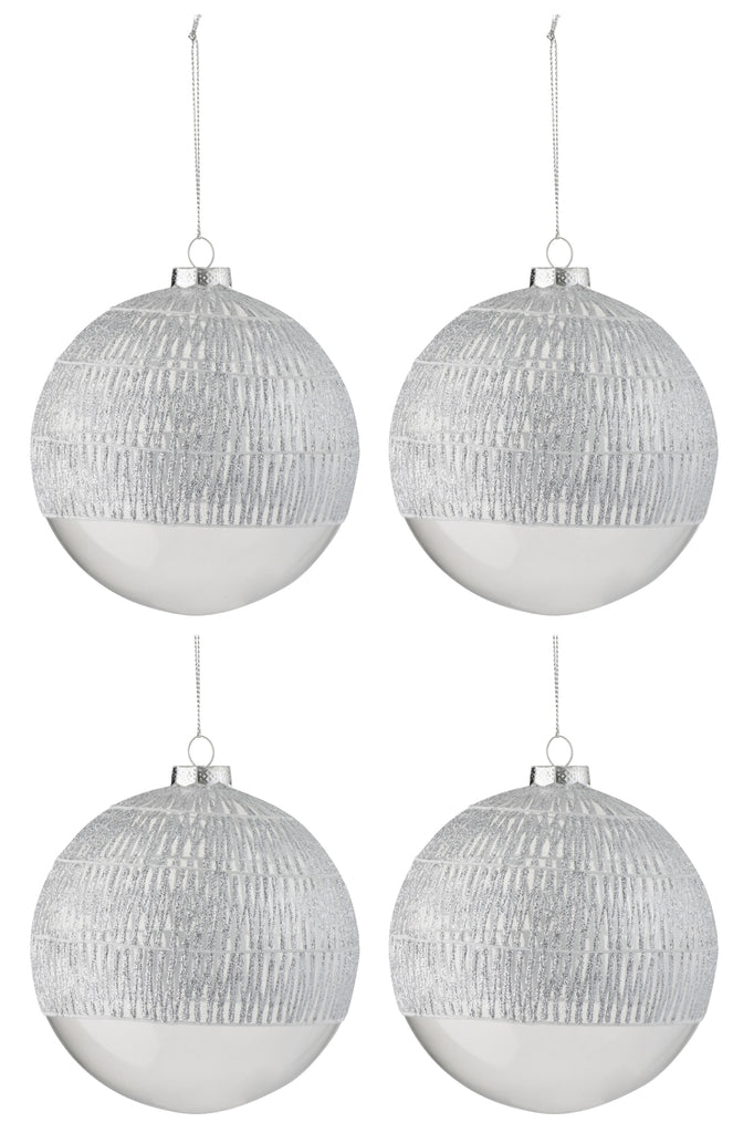 Doos met 4 kerstbal lijn glas transparant zilver groot