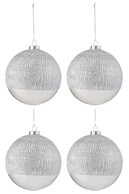 Doos met 4 kerstbal lijn glas transparant zilver groot