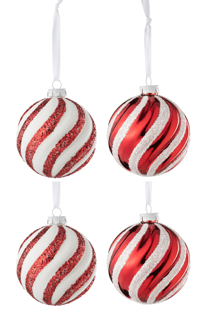 Doos met 4 kerstballen 2+2 lijnen glas wit/rood groot