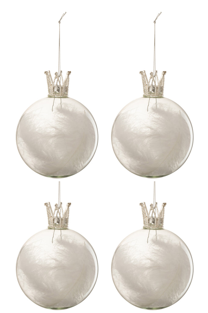 Doos met 4 kerstballen kroon veer wit glas helder medium