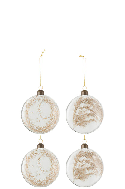 Doos met 4 kerstballen rond plat 2+2 gedroogde Pampas glas transparant medium.