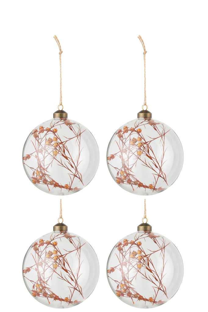 J-Line Box Of 4 Christmas Baubles Dried Flowers Rust Glass Transparent Large