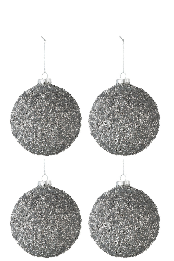 J-Line Box Of 4 Christmas Baubles Glitter Glass Smokey Grey Medium