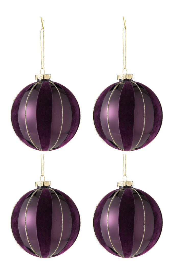 J-Line Doos met 4 kerstballen lijnen fluweel/glas mauve/goud