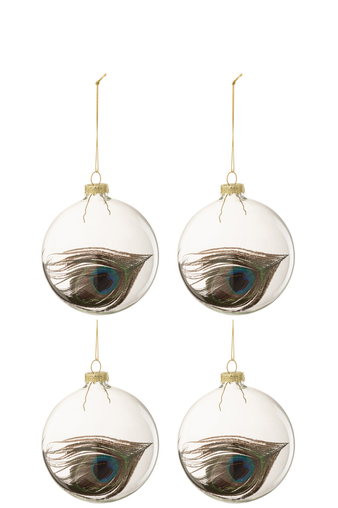 Doos met 4 kerstballen Pauwenveer Glas Transparant Middelgroot