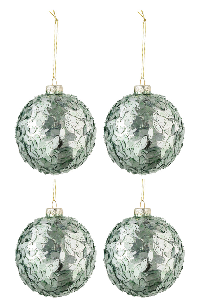 J-Line Doos met 4 kerstballen pailletten glas licht azuurblauw medium