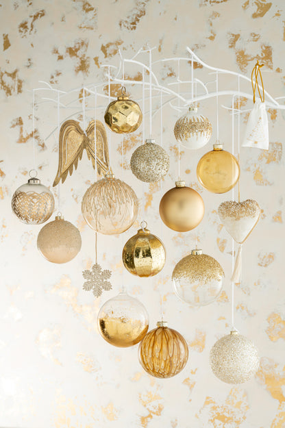 Doos met 4 kerstballen van suikerglas transparant goud medium
