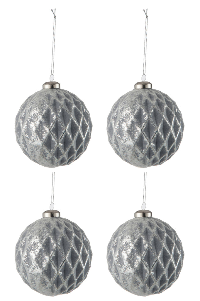 J-Line Doos met 4 kerstballen met diamantpatroon, antiekgrijs, groot