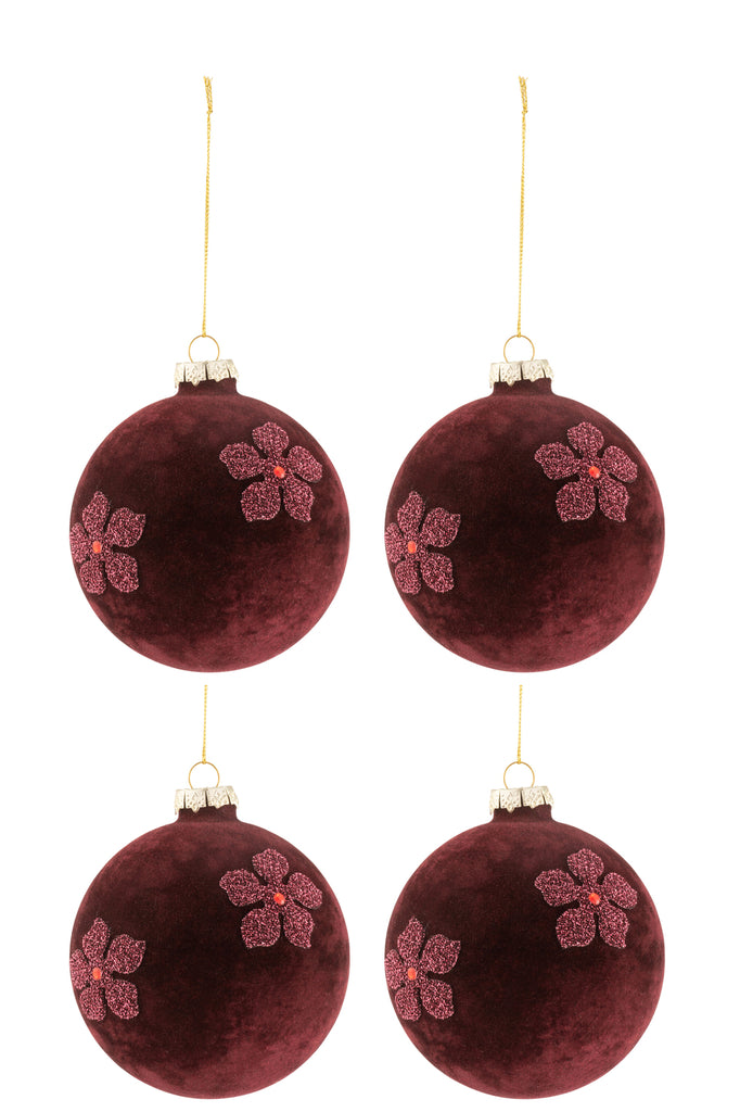 J-Line Doos met 4 kerstballen bloemen fluweel glas bordeauxrood medium