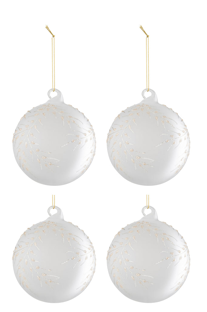 J-Line Doos met 4 kerstballenbladeren van glas, mat wit/goud
