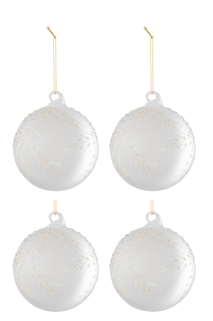 Doos met 4 kerstbalbladeren van glas, mat wit/goud.