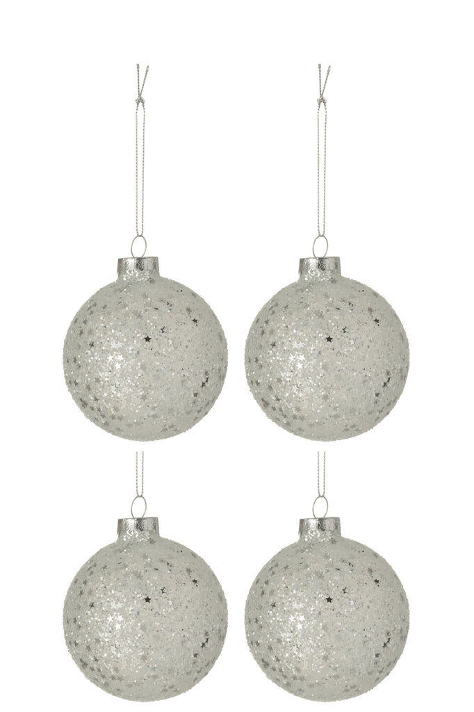 Doos met 4 kerstballen sterren glas zilver medium