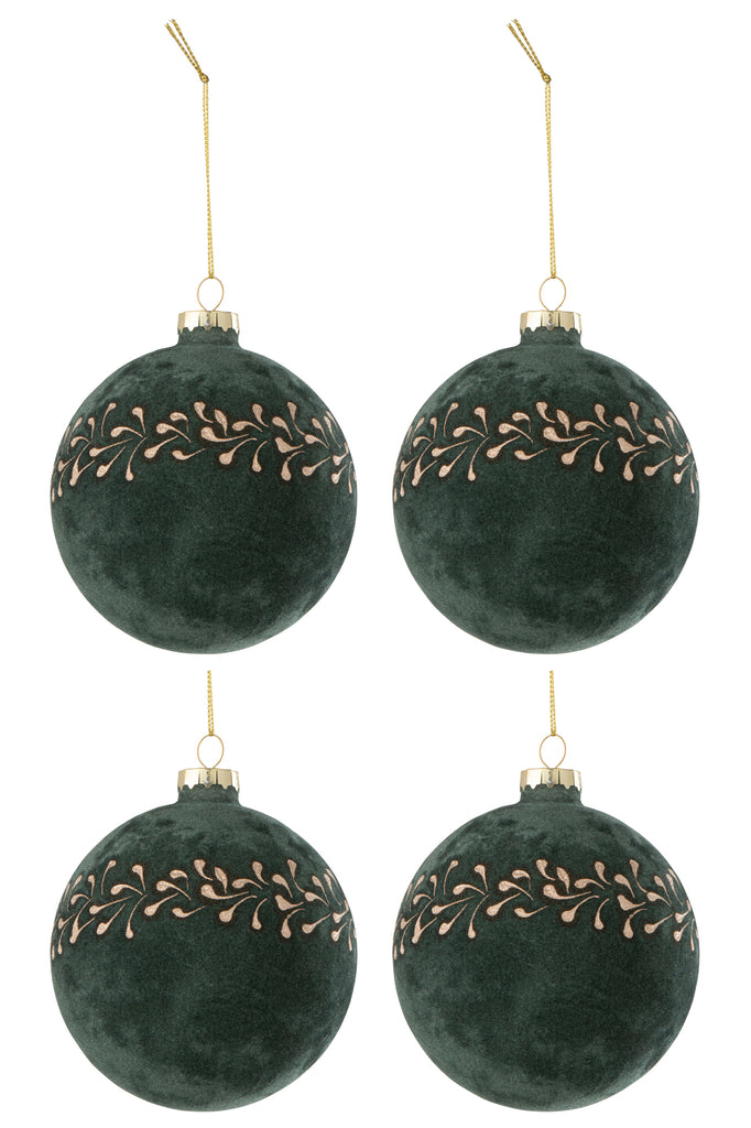 Doos met 4 kerstbal motief fluweel groen/goud