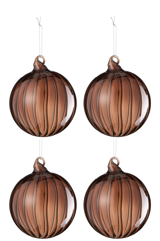 J-Line Box Of 4 Christmas Bauble Ribbed Glass Brown Dark Large