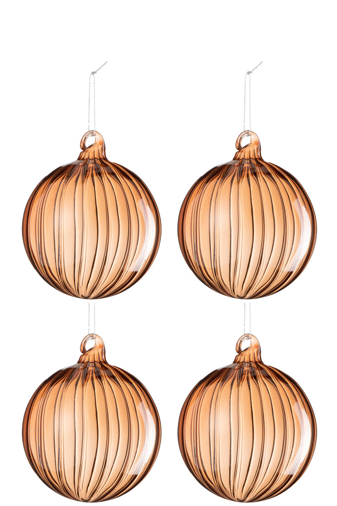 J-Line Box Of 4 Christmas Bauble Ribbed Glass Brown Light Large
