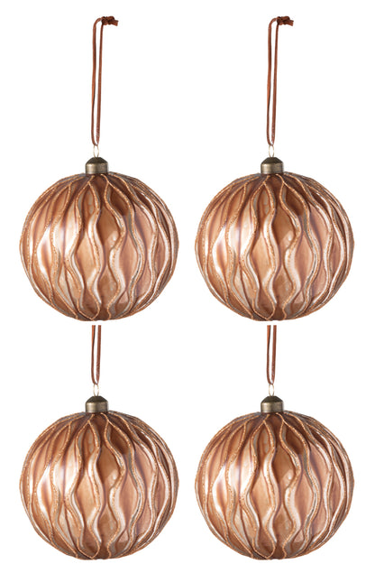 J-Line Doos met 4 kerstballen lijnen glas bruin groot