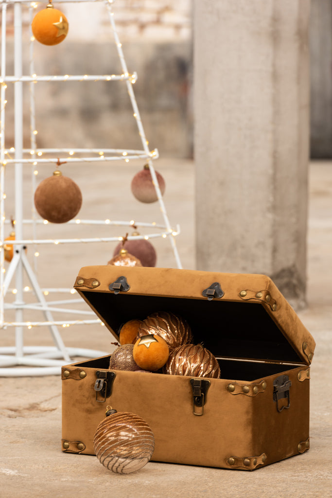 J-Line Doos met 4 kerstballen lijnen glas bruin groot