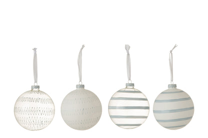 Doos met 4 kerstballen, 2 glashelder/2 opaalwit/blauw, groot assortiment van 2.