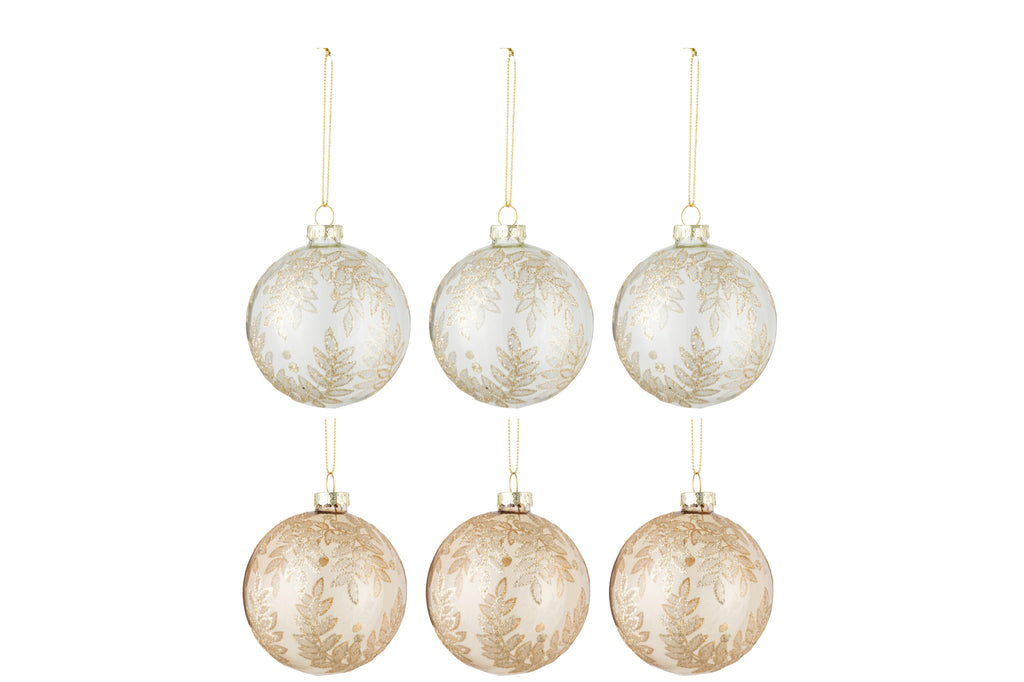 J-Line Box Of 6 Christmas Baubles 3+3 Leaves Glass Transparent Beige/Gold Small
