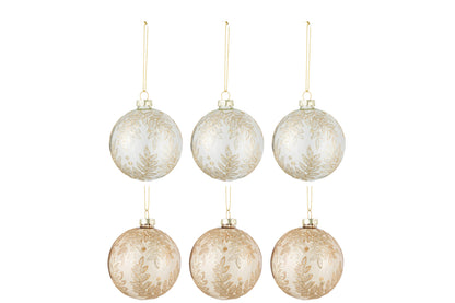 J-Line Box Of 6 Christmas Baubles 3+3 Leaves Glass Transparent Beige/Gold Small