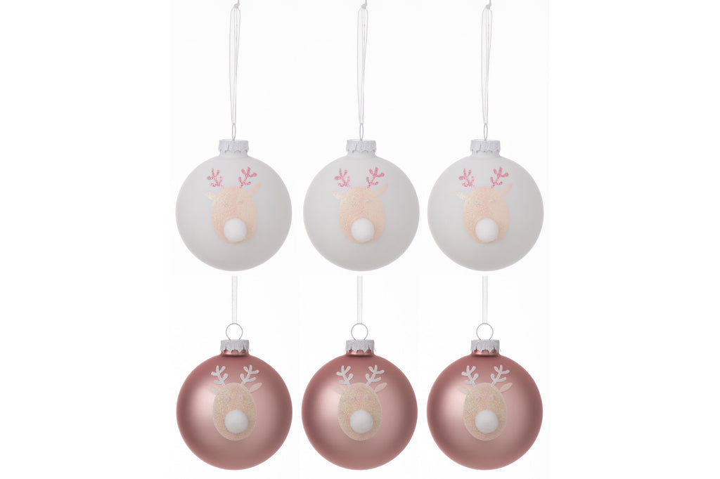 J-Line Box Of 6 Christmas Baubles 3+3 Reindeer Glass Light Pink/White Small