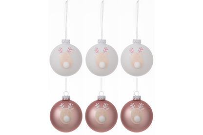 J-Line Box Of 6 Christmas Baubles 3+3 Reindeer Glass Light Pink/White Small