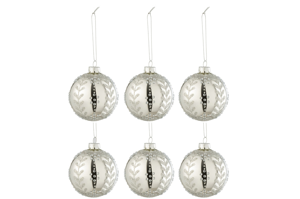 Doos met 6 kerstballen bladeren glitter glas glanzend zilver klein