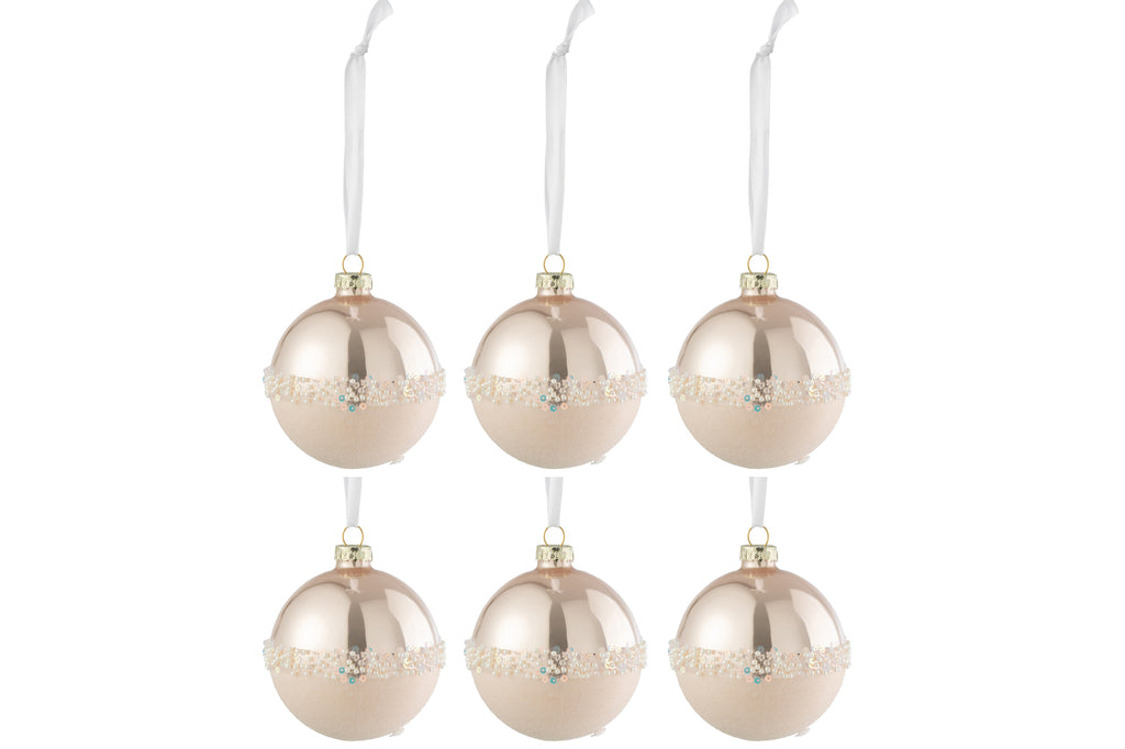 Doos met 6 kerstballen met lijnsequins van glas, mat/glanzend lichtroze klein.