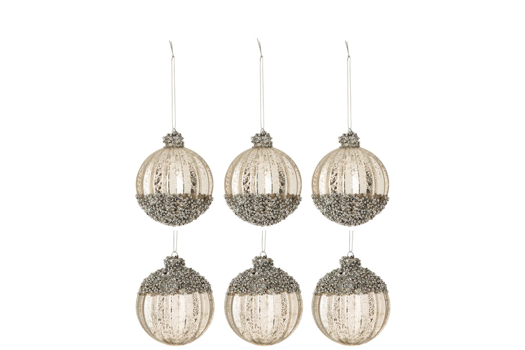 Doos met 6 kerstballen Parelmoer 3X onderkant/3X bovenkant Glas Antiek Zilver Klein Assortiment van 2