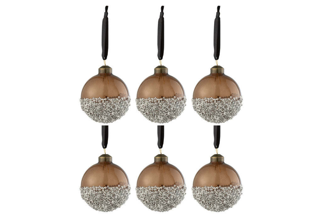 J-Line Doos met 6 kerstballen parels zilver glas bruin klein