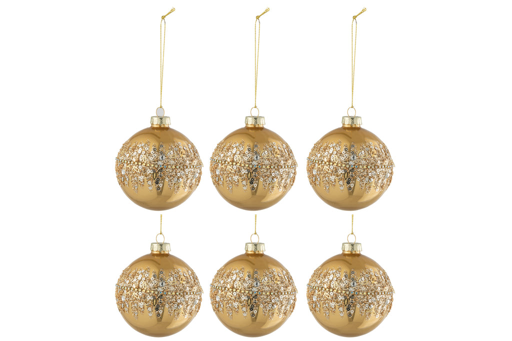 J-Line Box Of 6 Christmas Baubles Round Glitter Gold Glass Shiny Ochre