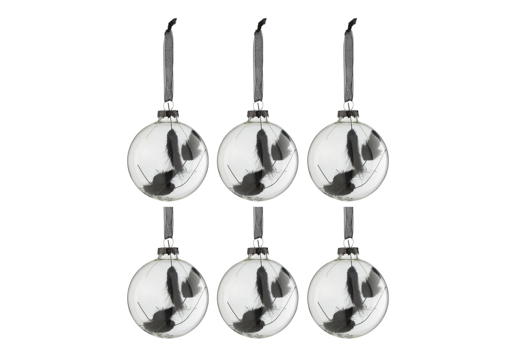 Doos met 6 kerstballen rond gedroogd haartail zwart glas transparant klein