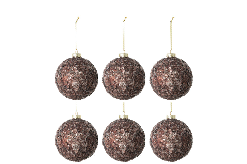 Doos met 6 kerstballen met pailletten, suikermat glas, donkerbruin, klein.