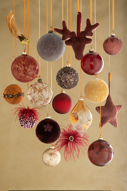 Doos met 6 kerstballen met pailletten, suikermat glas, donkerbruin, klein.