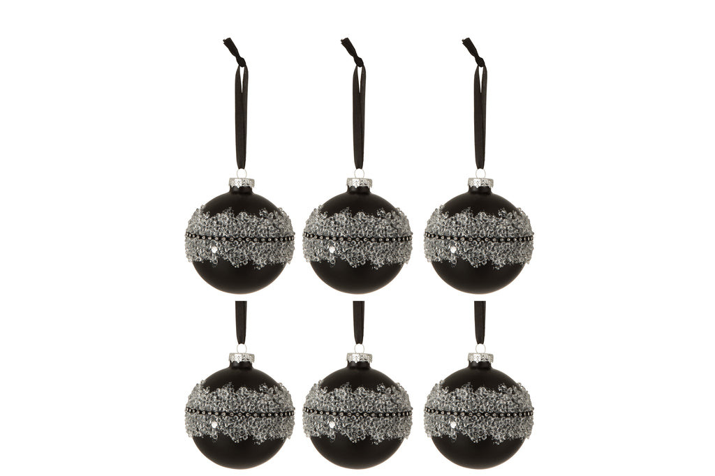 J-Line Box Of 6 Christmas Baubles Sugar Middle Diamonds Line Glass Matte Black Small