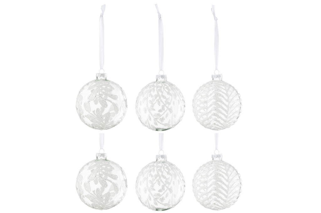 Doos met 6 kerstballen 2+2+2 bladeren pailletten glas wit groot