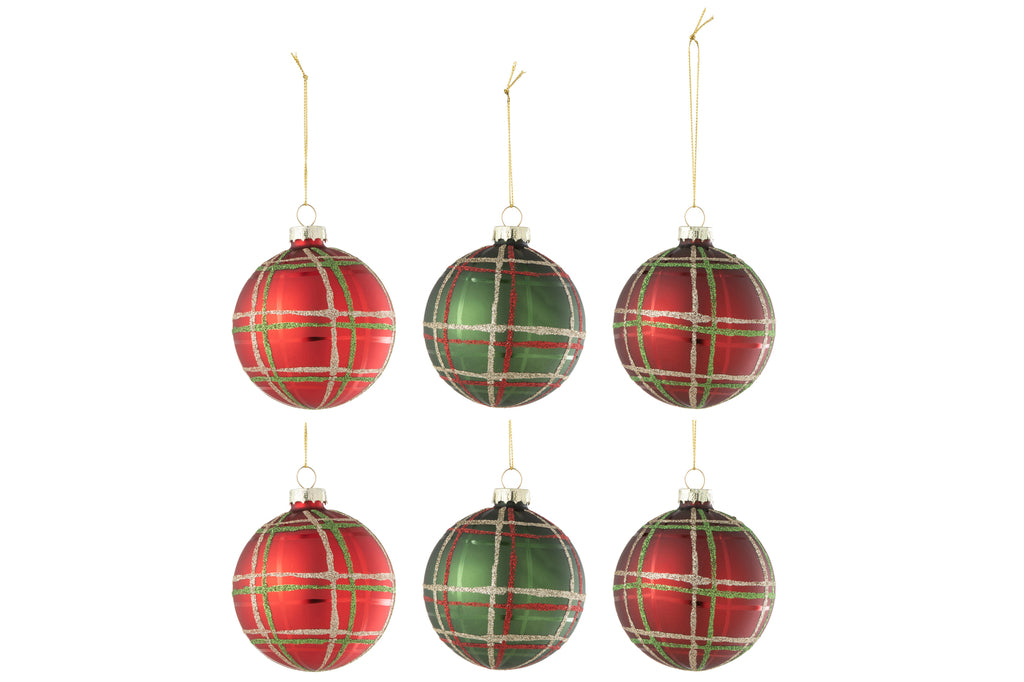 Doos met 6 kerstballen 2+2+2 geruite pailletten rood/groen klein