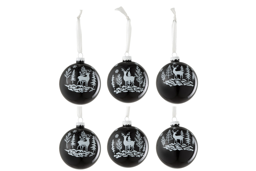 Doos met 6 kerstballen 2+2+2 rendier glas zwart/wit