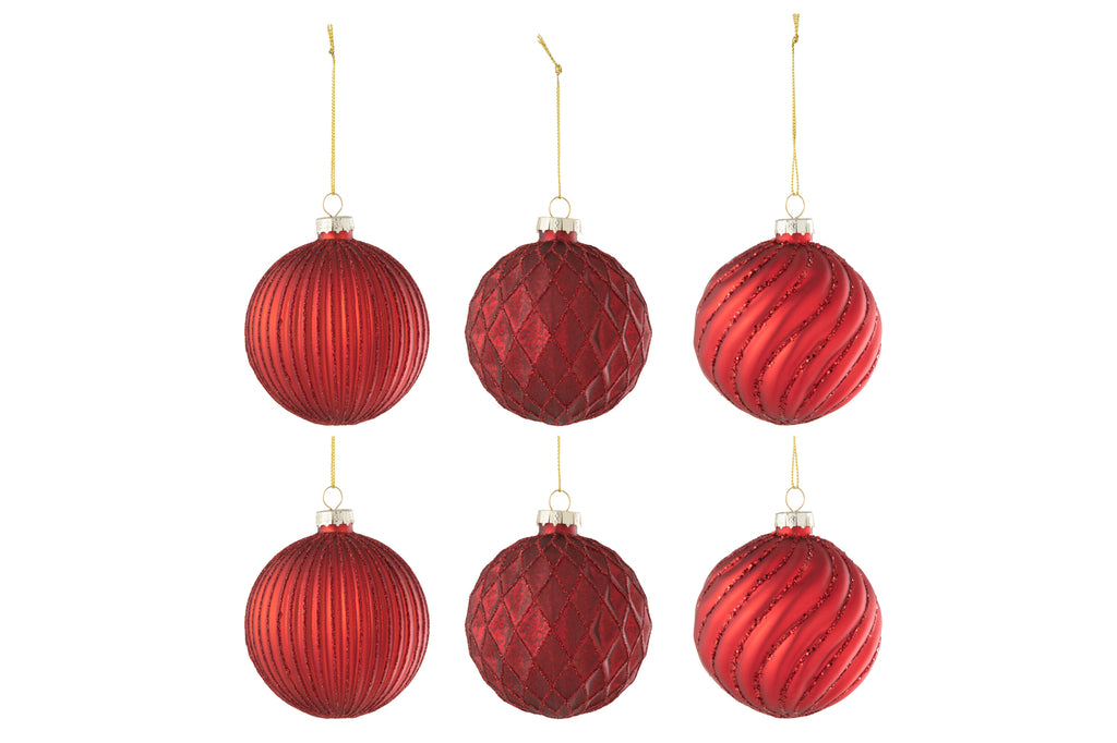J-Line Doos met 6 kerstballen 2+2+2 geribbeld/ruit glas rood klein
