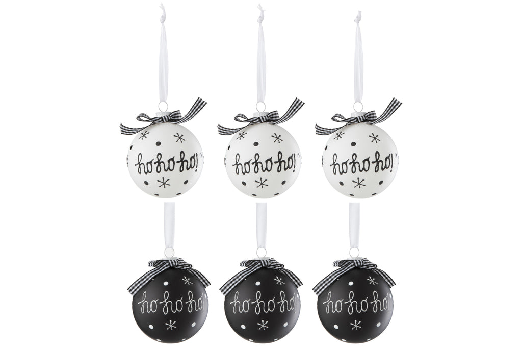 J-Line Box Of 6 Christmas Bauble 3+3 Hoho+Snowflakes+Bow Glass Black/White Small