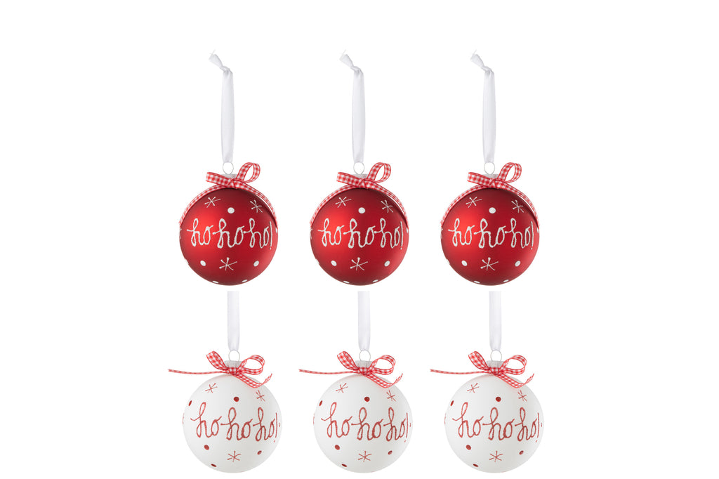 J-Line Doos met 6 kerstballen 3+3 Hoho+Sneeuwvlokken+Strik Rood/Wit Klein