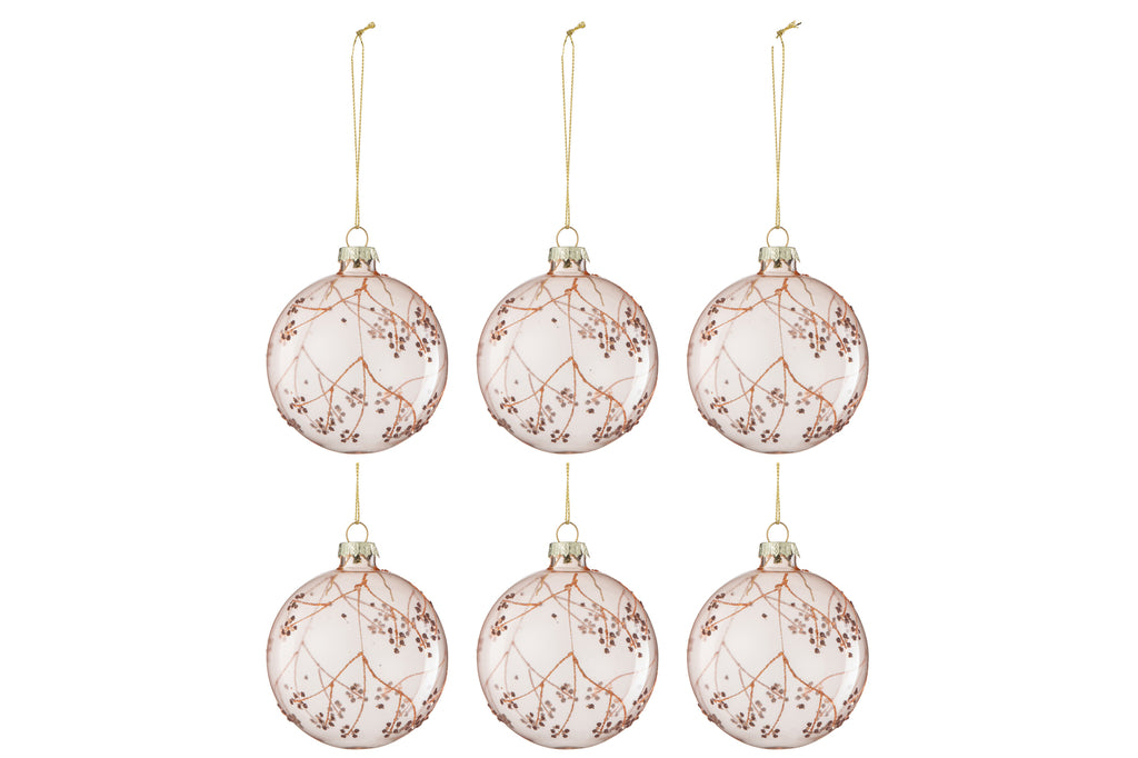 J-Line Doos met 6 kerstbaltakken glas lichtroze klein