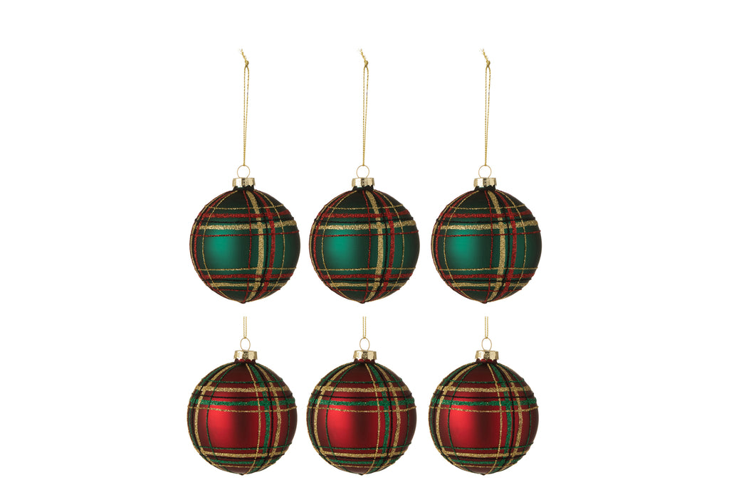 Doos met 6 kerstballen geruit glas 3 rood/3 groen klein