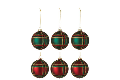 Doos met 6 kerstballen geruit glas 3 rood/3 groen klein